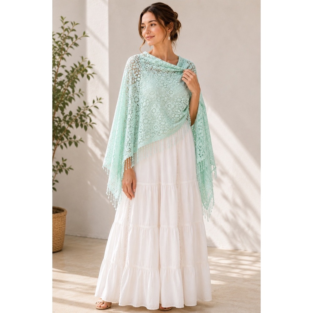 NWT Alberto Makali Mint Green‎ Lace Poncho Fringe Cape Boho Festival Sheer M